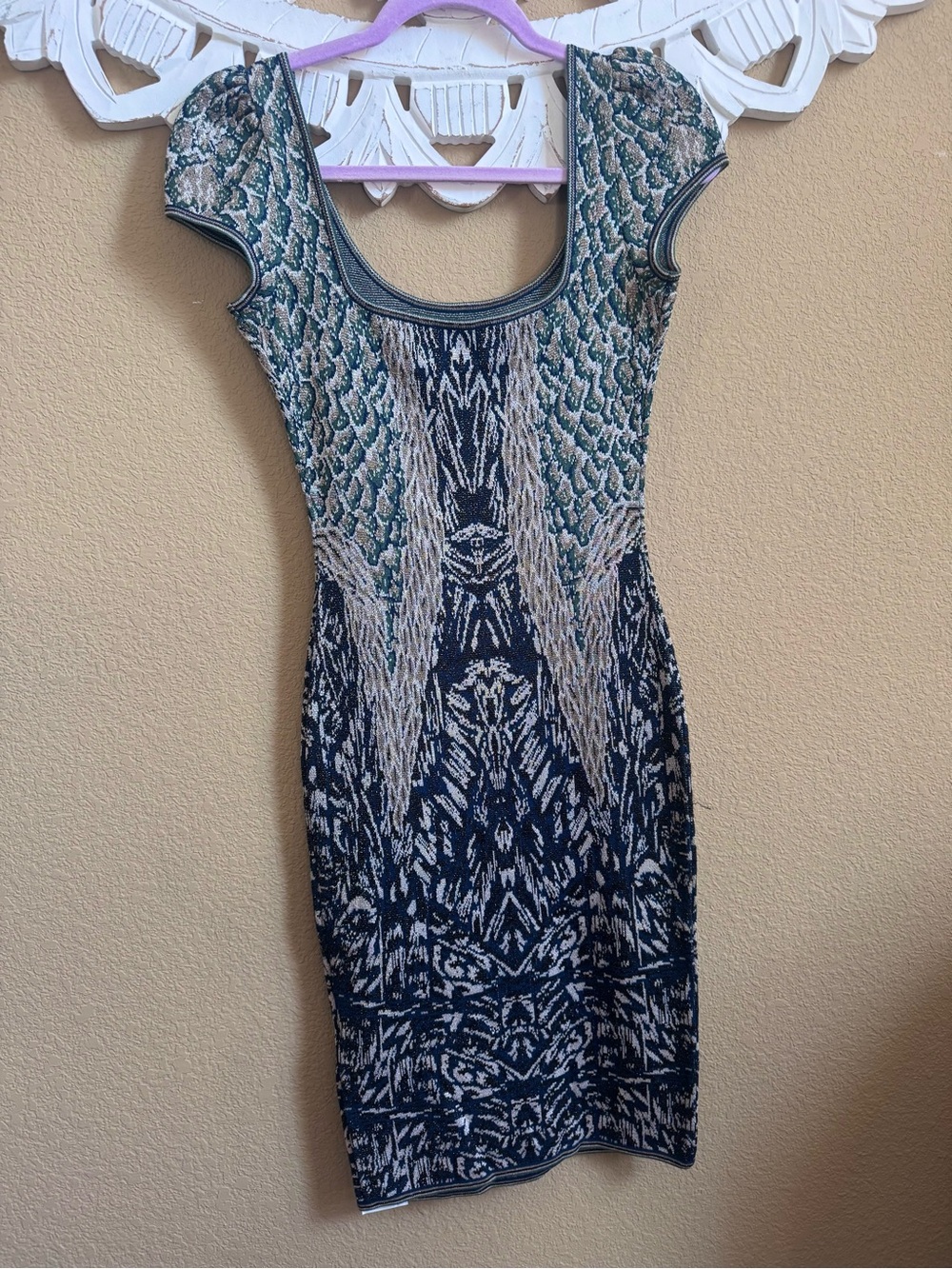 Zac Posen Green and Navy Patterned Midi Bodycon Dress